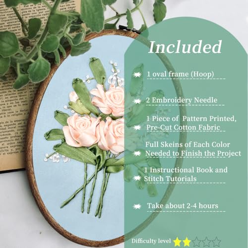 Image of FONNUY Ribbon Embroidery 3D Flowers Pattern Design Kit Embroidery DIY Handwork Set Oval Home Decoration (Champagne Rose)