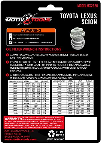 Motivx Tools Oil Filter Wrench for Toyota, Lexus, and Scion 2.0 To 5.7 Liter Engines with 64mm Cartridge Style Oil Filter System - Perfect for Camry, RAV4, Tacoma, Highlander, Sienna, Tundra, and More
