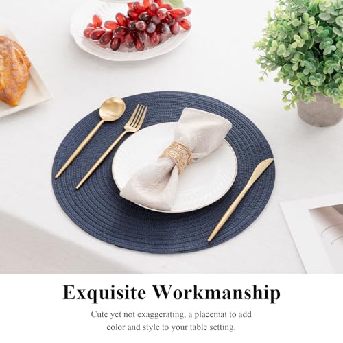 Image of SHACOS Round Placemats Set of 8 Washable 15 inch Round Table Mats Cotton Polyester Woven Braided Place Mats for Dining Table, Navy