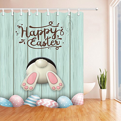 Nymb Cartoon Shower Curtain, Funny Rabbit Wooden Boart Easter Egg Pysanka Osterei, Polyester Fabric Bunny Bathroom Shower Curtain Set With Hooks, Bathroom Accessories, (69" Wx70 H) #TOP1