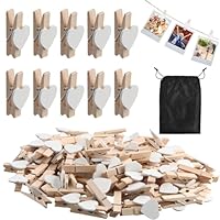 Culinavog 100PCS Mini Wooden Pegs, 3.5cm Photo Display Clips, Mini White Wooden Heart Pegs with Black Bound Pocket, wooden Clothes Pegs for Wedding Card Picture Hanging Holder Party Decor