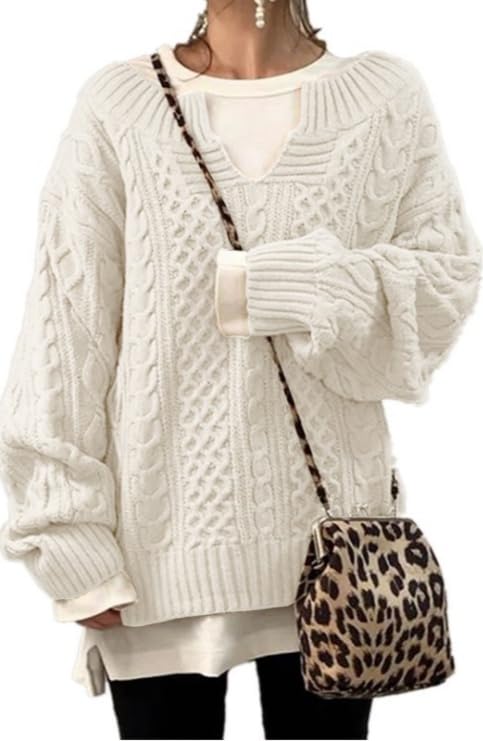 Women's Oversized Cable Knit V Neck Sweaters Winter Long Sleeve Casual Loose Pullover Outfits Fashion Clothes 2025