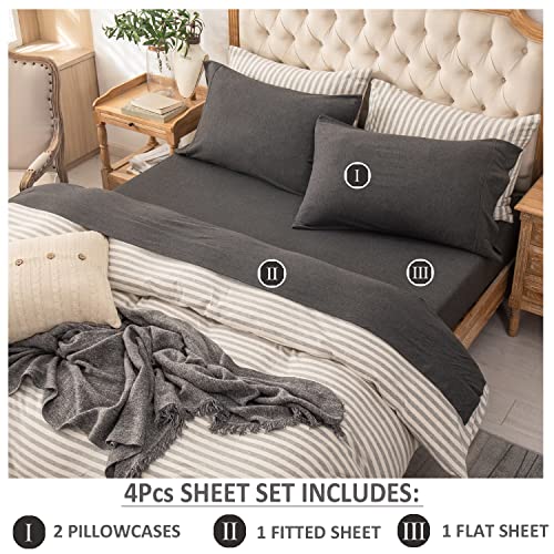 PURE ERA Jersey Knit 4pc Bed Sheet Set 100% T-Shirt Heather Cotton Super Soft Comfy Breathable Fits Mattress Up to 20" Extra Deep Pocket (Charcoal Dark Grey, Cal King)