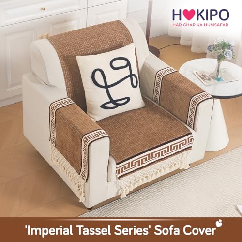 Image of HOKIPO 'Imperial Tassel Series' Thick & Soft Chenille Jacquard Sofa Cover 1 Seater Set for Seat, Back & Arms with Tassels, Russet Brown (IN-1009 + IN-1012-I1*2)