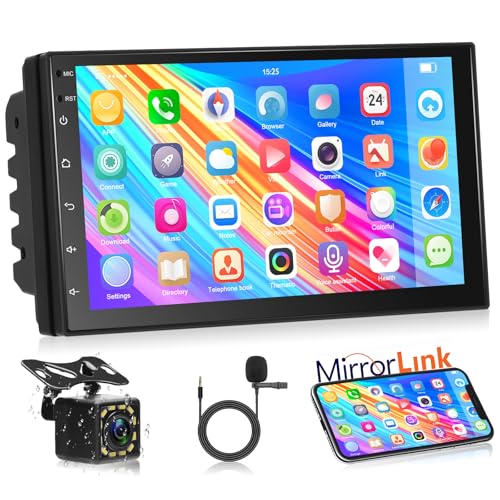 Autorradio Estéreo para Coche Podofo 2 DIN Android 15.0 con Pantalla Táctil HD de 7'' y 1080P Compatible con Navegación GPS/WiFi/Bluetooth/DSP/Radio FM/Doble USB, Cámara de Marcha Atrás y Micrófono