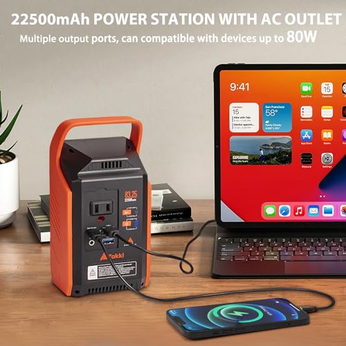 Takki Portable Camping Power Station with Lantern, 22500mAh Solar Generator with Peak 120W/110V AC Outlet USB Port, Laptop Charger Power Supply for Camping Home Emergency