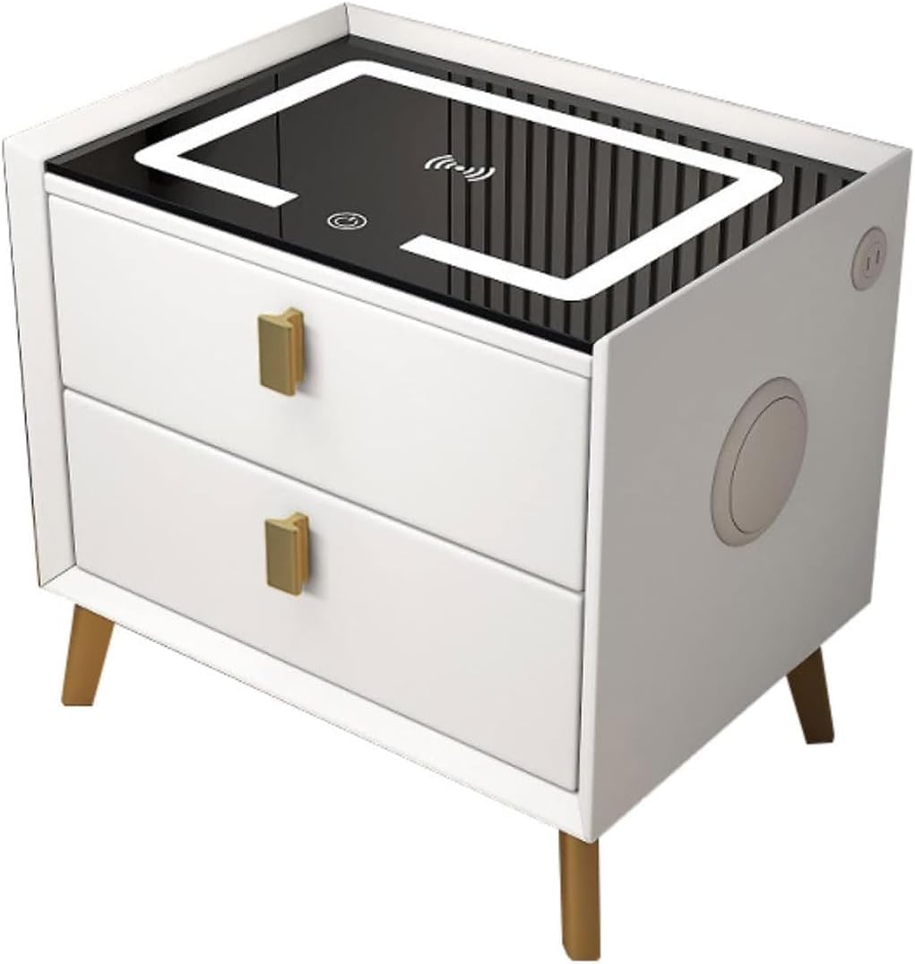 BHGFYXBS Smart Led Nightstand Wood End Table W/Wireless Charging Station Bedside Cabinet Bluetooth Fingerprint Lock Bedside Dresse Space Saving,White-30X40Cm,White-30X40Cm,White-30x40cm