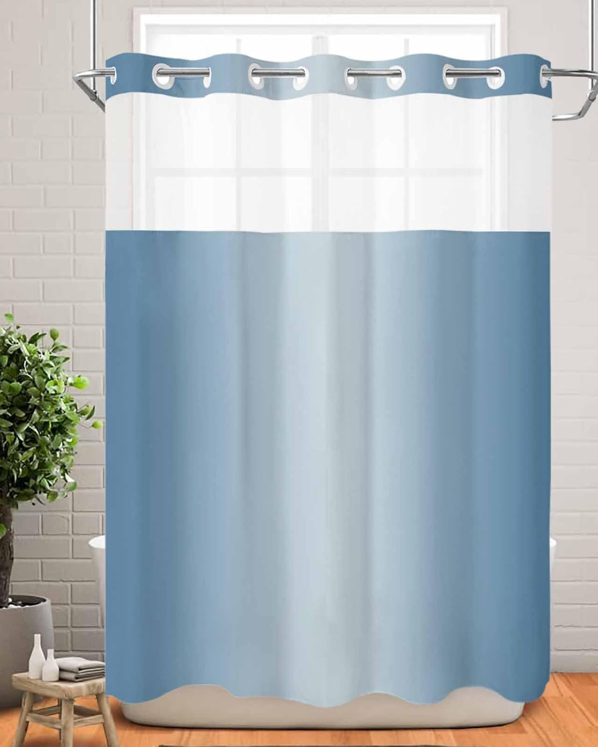 No Hook Shower Curtains, Haze Blue Ombre Stall Bathroom Curtain with Snap in Liner, Farmhouse Blue Color Gradient Waterproof Washable Fabric Bathroom Shower Curtain Sets, 48" x 72"
