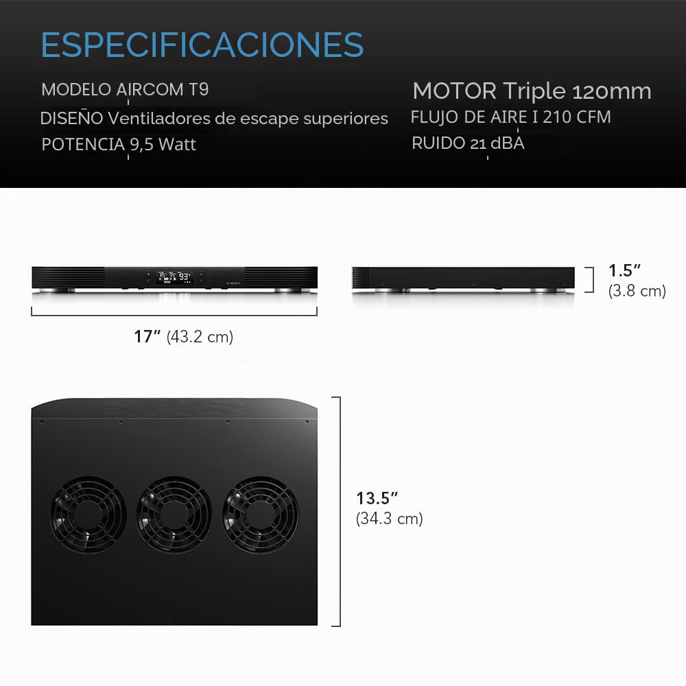 AC Infinity AIRCOM T9, 43cm ventilador de enfriamiento silencioso de escape superior para receptores, amplificadores, DVR y componentes de gabinete AV