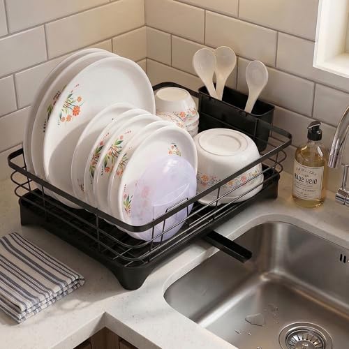 Image of Kuber Industries Stainless Steel Kitchen Drying Rack with Drain Tray & Cutlery Holder | Countertop Utensils Stand | Dish Rack for Kitchen | Bartan Stand | Black