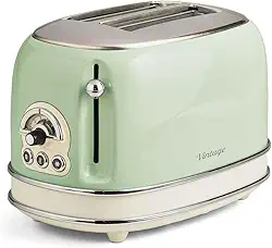 Ariete 155, Torradeira Eletrica Vintage Verde, 750W, 6 Níveis de Tostagem, Funções: Torrar, descongelar, reaquecer, Corpo Aço Inoxidável, 127V