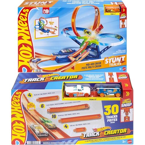 Image of Bundle of Hot Wheels Stunt Track Mid-Air Crash, Motorized Booster + Hot Wheels Track Creator Deluxe Pack, 25 Feet of Different Length Speed Snap Track & Connectors (Amazon Exclusive)