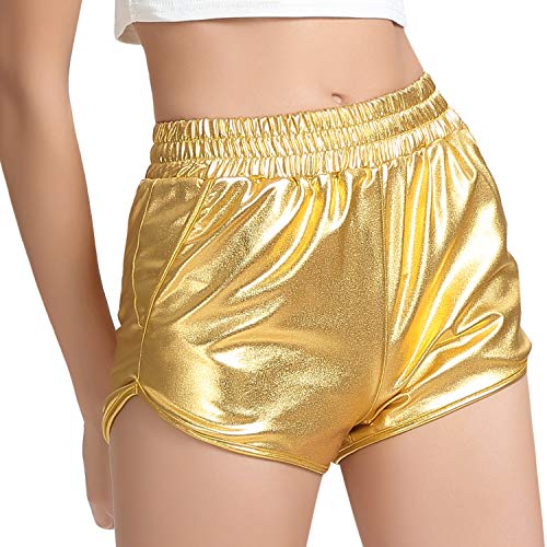 Image of Perfashion Women's Metallic Shiny Shorts Sparkly Hot Yoga Outfit