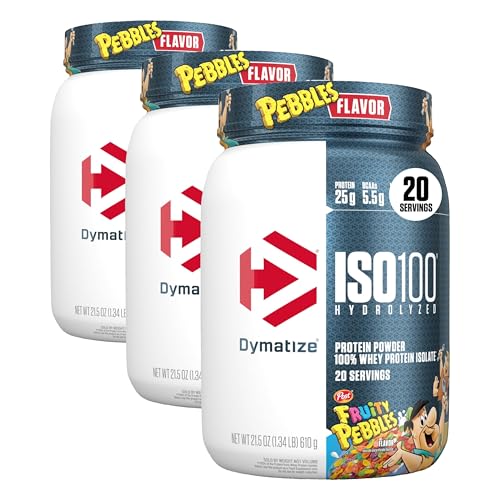 Image of Dymatize x Fruity Pebbles ISO100 Whey Protein Powder Isolate, 25g of Protein, 20 Servings, 5.5g BCAAs, 120 Cal., Gluten Free, 1g Fat, 1g Sugar, 2g Carb (Pack of 3)