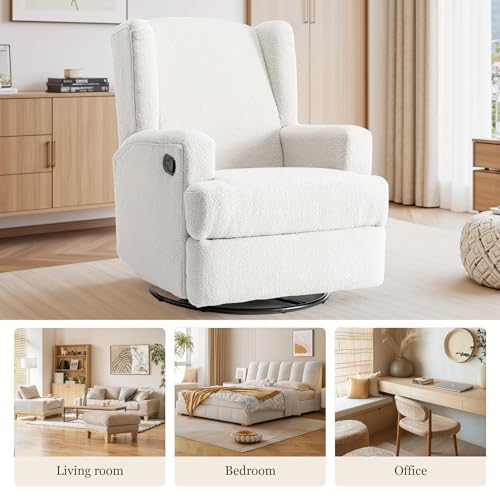 Image of Swivel Rocker Recliner Chairs Set of 2, 360 Swivel Wingback Recliner Chairs for Adults, Upholstered Boucle Fabric Glider Rocking Chair with High Back, Deep Seat for Living Romm Bedroom, Beige