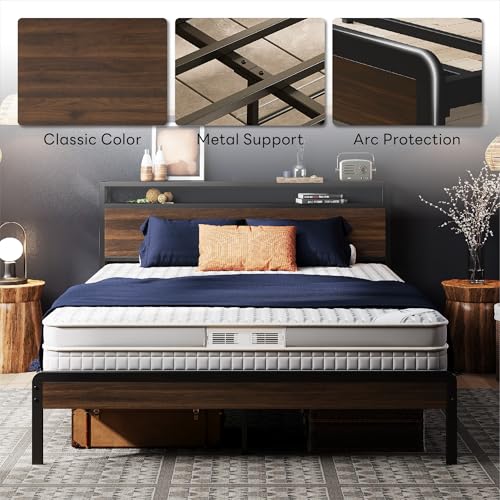 Image of LIKIMIO Queen Bed Frame with Headboard, Dark Wood Camas Queen with Strong Supports, Sturdy, Noise-Free, No Box Spring Needed, Dark Walnut