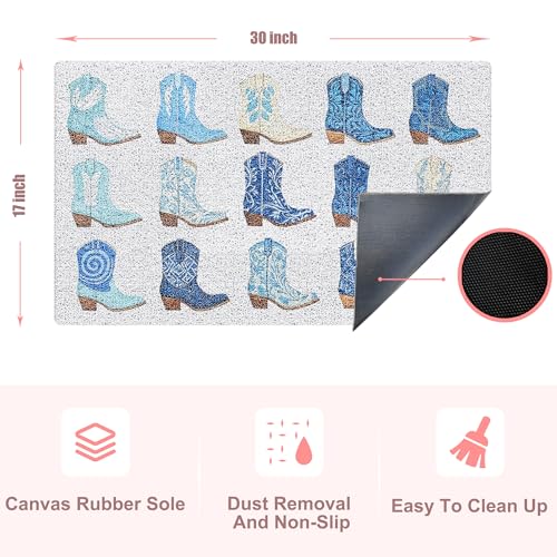 RYYCDOI Trendy Blue Western Door Mat, Preppy Coastal Cowgirl Boots Welcome Mats Doormat for Front Door Porch Indoor Outside Entrance Entryway, Western Bath Mat, 17x30 Inch - Image 3