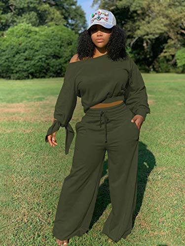 Topsrani Women's 2 Piece Outfits Casual Solid Sweatsuits Baggy Long Sleeve Loose Matching Wide Leg Tracksuit Pants Set Olive Green Xl #TOP3
