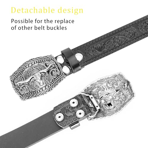 Image of UTOWO Western PU-Leather Cowboy Buckle Belt for Men and Women Jeans Engraved Floral Longhorn Bull Buckle Belt (25-38 inch waist)