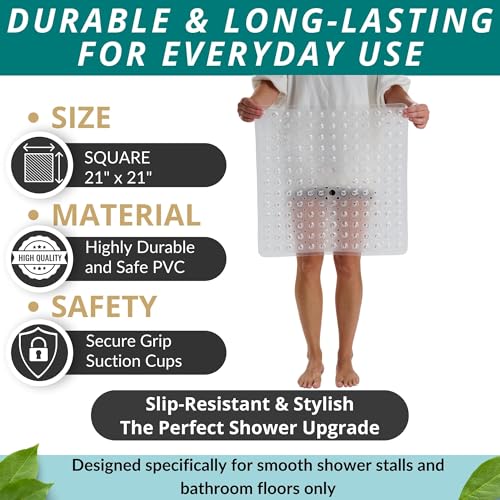 Image of ENKOSI Square Shower Mat - 21 x 21 Inch Non-Slip Bathroom Shower Stall Mat with Suction Cups and Drain Holes - Anti-Slip Shower Mats for Inside Shower - Square Bathmat (21x21 Clear)
