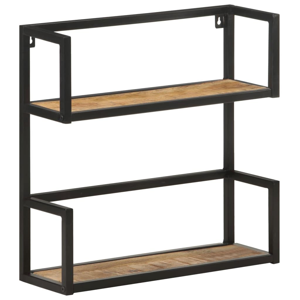 Mensola da parete in legno di mango grezzo 60 x 20 x 60 cm con 2 scomparti e struttura in ferro per libri e blocchi appunti – Robusto scaffale in legno con venature uniche e spazio di