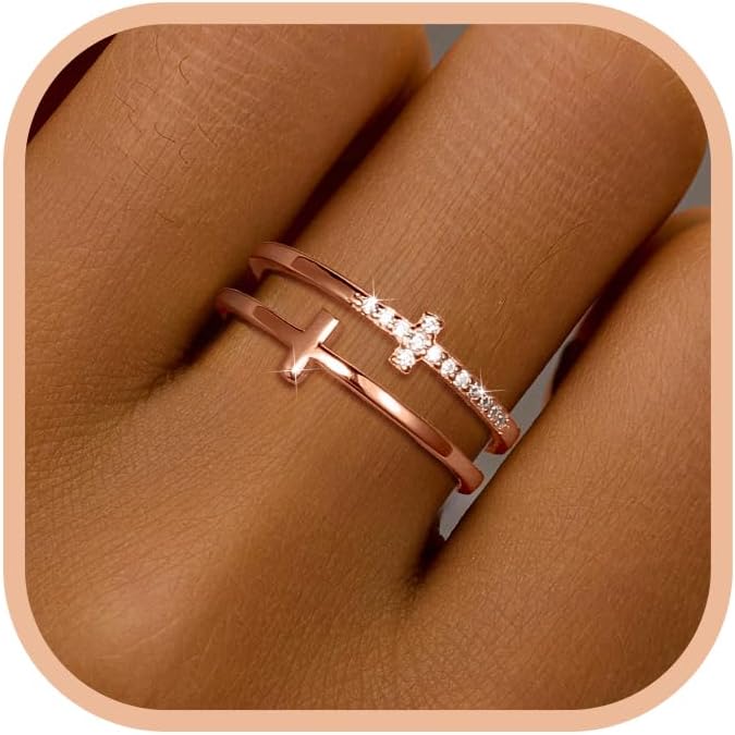 SUYACS 14K Gold Plated Cross Pray Rings for Women Non Tarnish 925 Sterling Silver Dainty CZ Faith Ring Trendy Stackable Eternity Promise Ring Birthday Wedding Jewelry Gifts to My Daughter