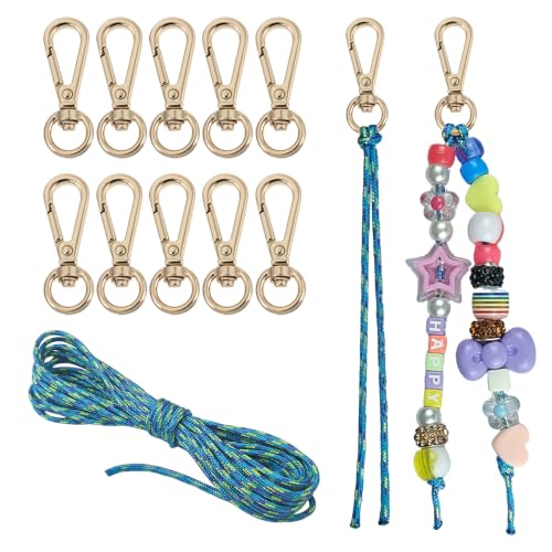 NCIWAN DIY Beadable Keychain Making Kit 10 Pcs Gold Lobster Clasps with 5 Meters 2mm Braided Rope Cut-to-Length Lanyard Cord for Silicone Focal Beads Boho Craft Supplies (Gold 10 pcs-01)