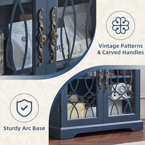 Image of Joaxswe 67 inch Tall Pantry Cabinet, Wood Kitchen Pantries Cabinets with Glass Doors & Adjustable Shelves, Freestanding Vintage Cupboard with Large Storage for Dining Room, Bathroom, Navy Blue