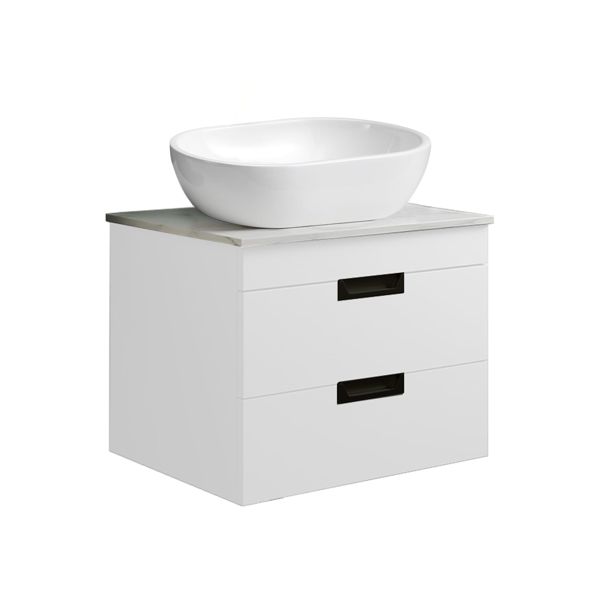 BELOFAY 600mm Wall Mounted Vanity Unit with Basin | Two Soft-Close Drawers | Modern Floating Design with Countertop Basin & White Wooden Worktop | White Matt Finish