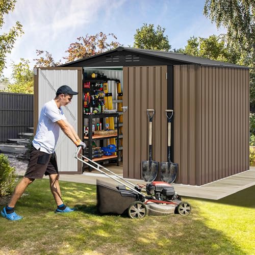 Image of DWVO 7x5ft Metal Outdoor Storage Shed, Waterproof Tool Shed Heavy-Duty Storage Unit with Lockable Door and Vents, Ideal for Bicycles, Tools, Lawnmowers, Backyards, Patios, Lawns - Brown