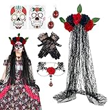 Genérico Disfraces de Día de Muertos para Mujer | Set de Guantes y Pendientes de Catrina,Disfraz para Adultos con Guantes Velo Arete Collar para Fiesta Halloween Teatro