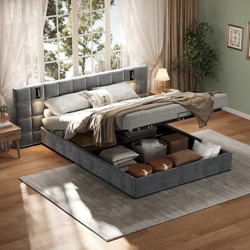 Merax Polsterbett 160x200cm mit Leselicht und USB-Aufladung, Doppelbett mit Lattenrost und Kopfteil, Funktionsbett mit Stauraum für Erwachsene & Jugend, Samtstoff, Grau (Ohne Matratze & Nachttisch)