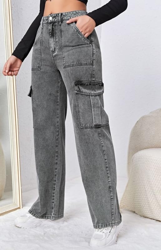 Image of Amazon Brand - INKAST Women Multi-Pocket Denim Cargo Pants Casual Fit Stylish Trousers