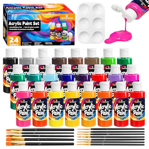 WINSONS 24 Farben Acrylfarben-Set 12 Pinseln 1 Palette Ungiftig Wasserdicht Lebendig Permanent für Künstler Studenten DIY auf Leinwand Stoff Holz Felsen Ton Keramik Glas