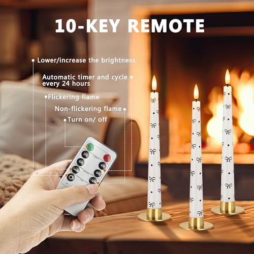 Image of Flameless Taper Candles with Remote, Black Bow and Dot Flameless Candles | Flickering LED Candlesticks with Remote and Timer, Warm 3D Wick Light, Home Table Mantel Party Festival Decor 9.6 Inches