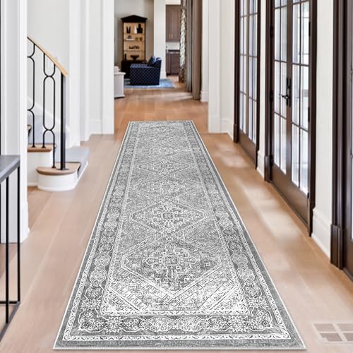 KUTA Oriental Kitchen Runner Rug, 2.6x10 Vintage Grey Washable Hallway Rugs Non-Slip Ultra Soft Printed Distressed Tribal Farmhouse Carpet for Bedroom Living Room Nursery Playroom