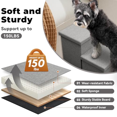 Image of Dog Stairs with Storage 12 inch H, 2-Step Wider Dog Steps for Dogs Cats, Folding Sturdy Pet Stairs Climbing Sofa Couch, Ramp for Car Hold Up to 150 lbs (Gray, No Condo)