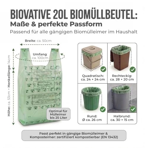BIOvative PRODUCTS 20L Biomüllbeutel mit Henkel | 56 Müllbeutel, kompostierbar, Made in Germany | Reißfeste Bio-Abfallbeutel, klimaneutralisiert & vegan