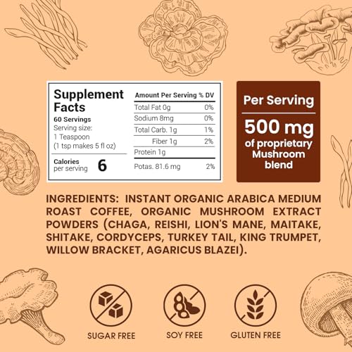 Mushroom Coffee Organic (60 Servings) 10 Mushrooms (Lion’s Mane, Cordyceps, Turkey Tail & Other) Mixed With Gourmet Arabica Instant Immune Boosting Coffee for Focus & Gut Health Support - Image 3