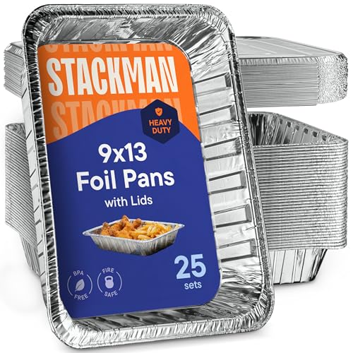 Aluminum Pans 9x13 Disposable Aluminum Foil Pans with Lids [25-Sets] Large Baking Pan Trays - Heavy Duty Tin Tray & Lid - Half Size Chafing Dishes for Roasting, Cooking, Heating or Steam