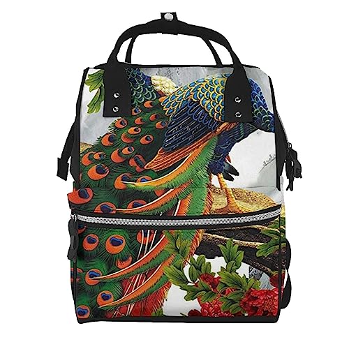 Sac à dos à langer noir imprimé paon et pivoine de grande capacité