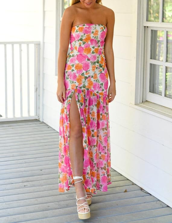 Womens Strapless Maxi Dress Slim High Slit Mesh Long Dress Sexy Party Club Night Out Dress 2024 Summer Vacation2