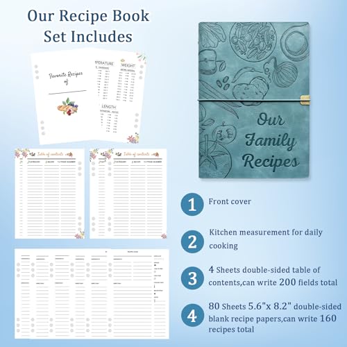 Image of leeveel Blank Recipe Book to Write in Your Own Recipes, 5.6 X 8.2 Recipe Ring Binder with PU Leather Cover, Recipe Journal with 160 Recipes (sky blue)