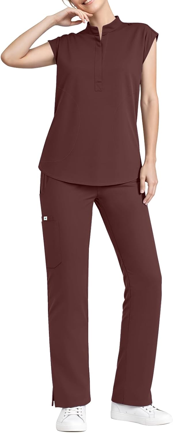 Scrubs for Women Set - Stand-Up Collar Scrub Top & Straight Leg Scrub Pant | Womens Sleeveless Scrubs Set with 9 Functional Pockets, Drawstring Yoga Waistband, Wide Leg, Soft 4-Way Stretch, Anti-Wrinkle