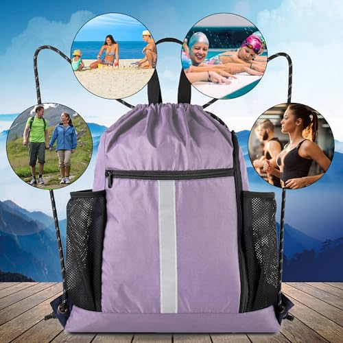Image of BeeGreen Lilac Drawstring Backpack Bag Gym Sports Backpack with Shoe Compartment and Two Water Bottle Holder for Women Men Large String Athletic Sackpack Workbag