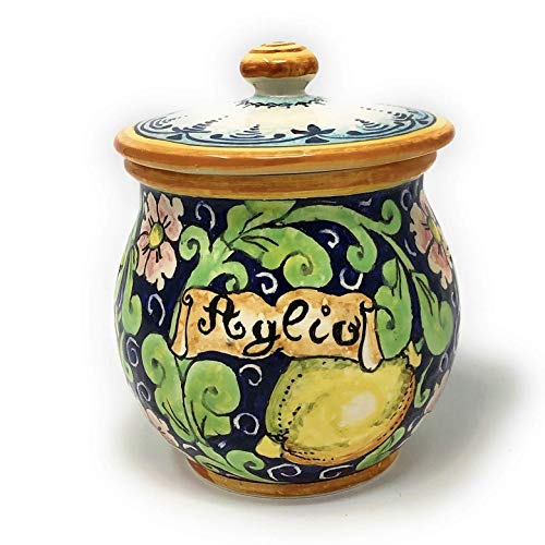 CERAMICHE D'ARTE PARRINI- Italian Ceramic Brings Garlic Jar Holder Hand Painted Decoration Lemons Made in ITALY Tuscan Art Pottery