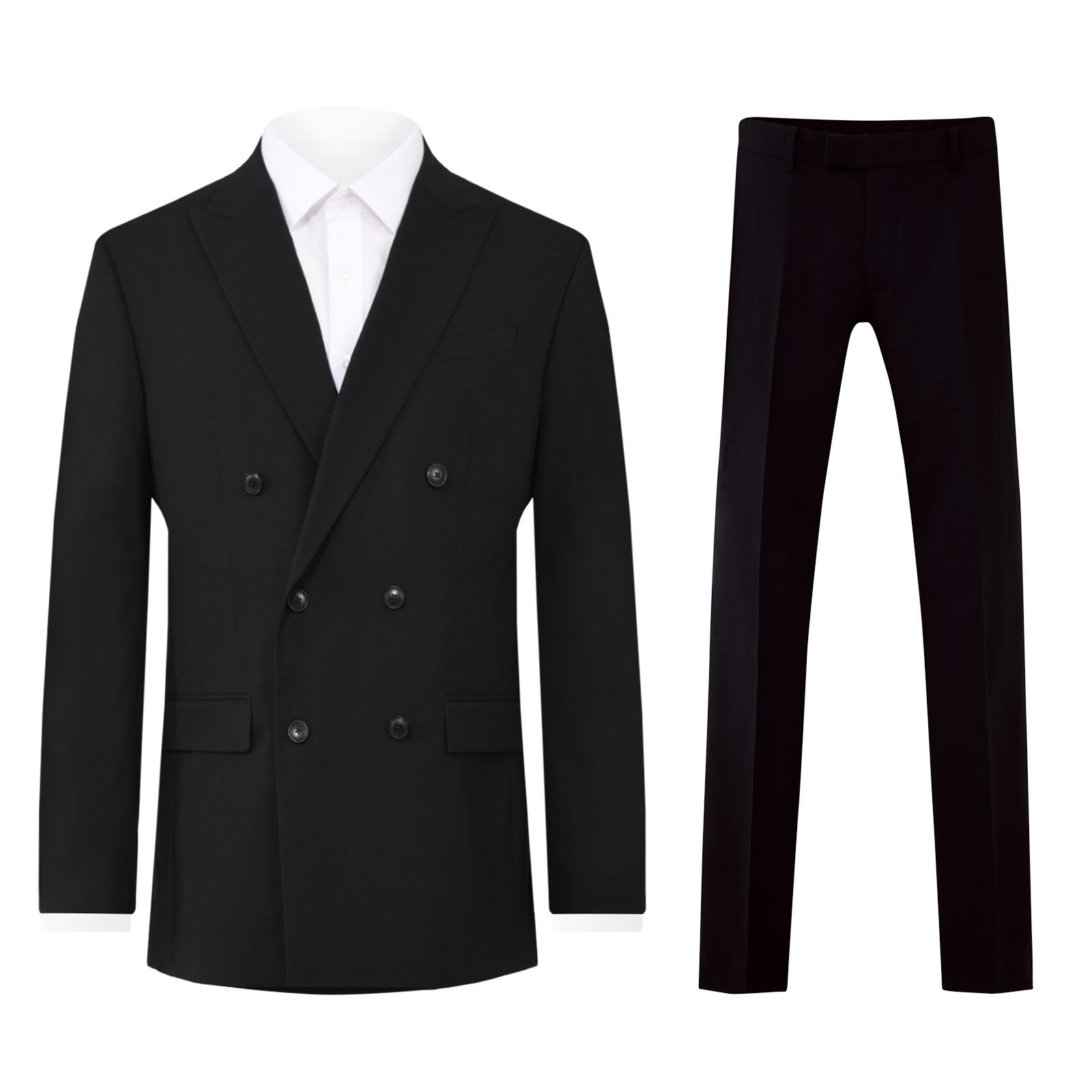 Dobell Men's Black 2 Piece Suit Regular Fit Double Breasted Peak Lapel (42S Jacket With 36S Trousers)