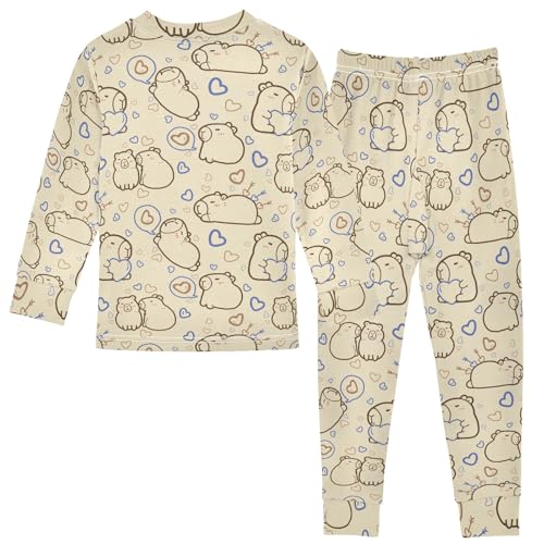 Cute Capybara with Navy Hearts Cute Pajama Sets Long Sleeve Top and Pants, Snug Fit Sleepwear for Night Wears2