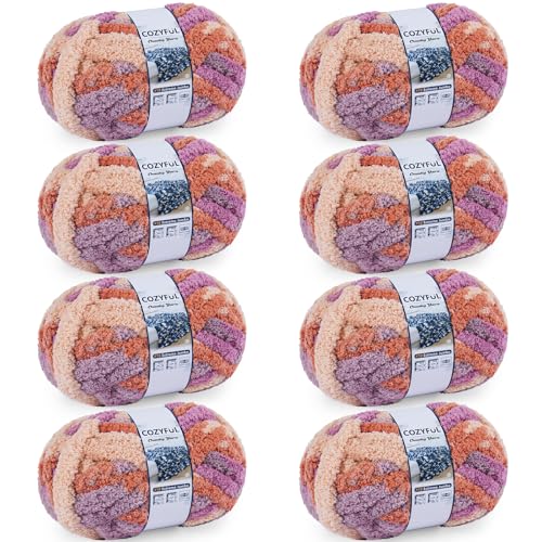 Image of Cozyful Chunky Yarn for Hand Knitting - #10 Chunky Chenille Blanket Yarn, Jumbo Big Thick Chunky Yarns for Crocheting, Tie Dye Bulky Knit Yarns, 8 Skein (20 yds 8 oz Each Skein), Purple & Orange