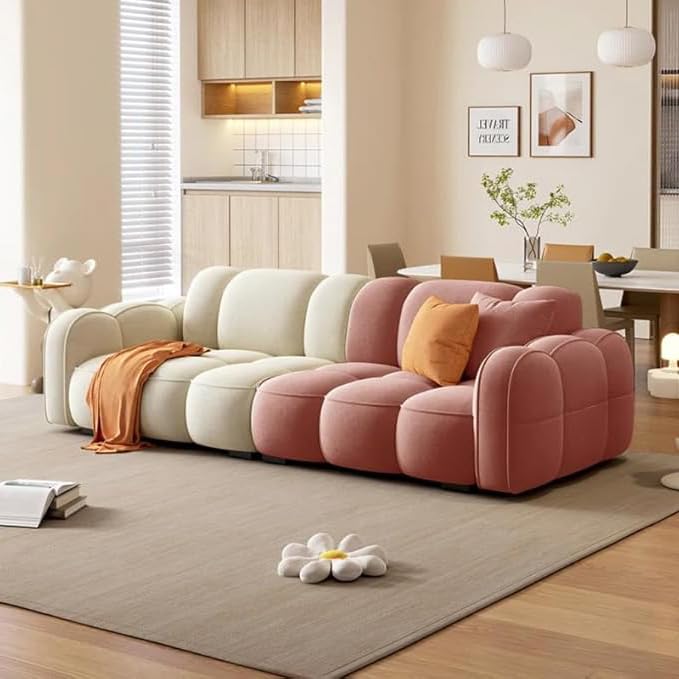 Image of CRAFTCITY Contemporary Wool 3 Seater Sofa with Swen Pillow Back for Living Room (Dark Pink & Beige)